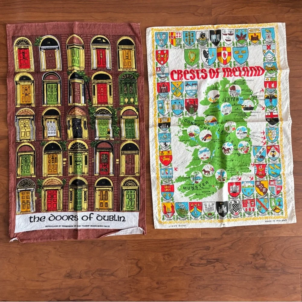 Vintage Irish Linen Tea Towel Set Crests of Ireland Doors Dublin Set Unused